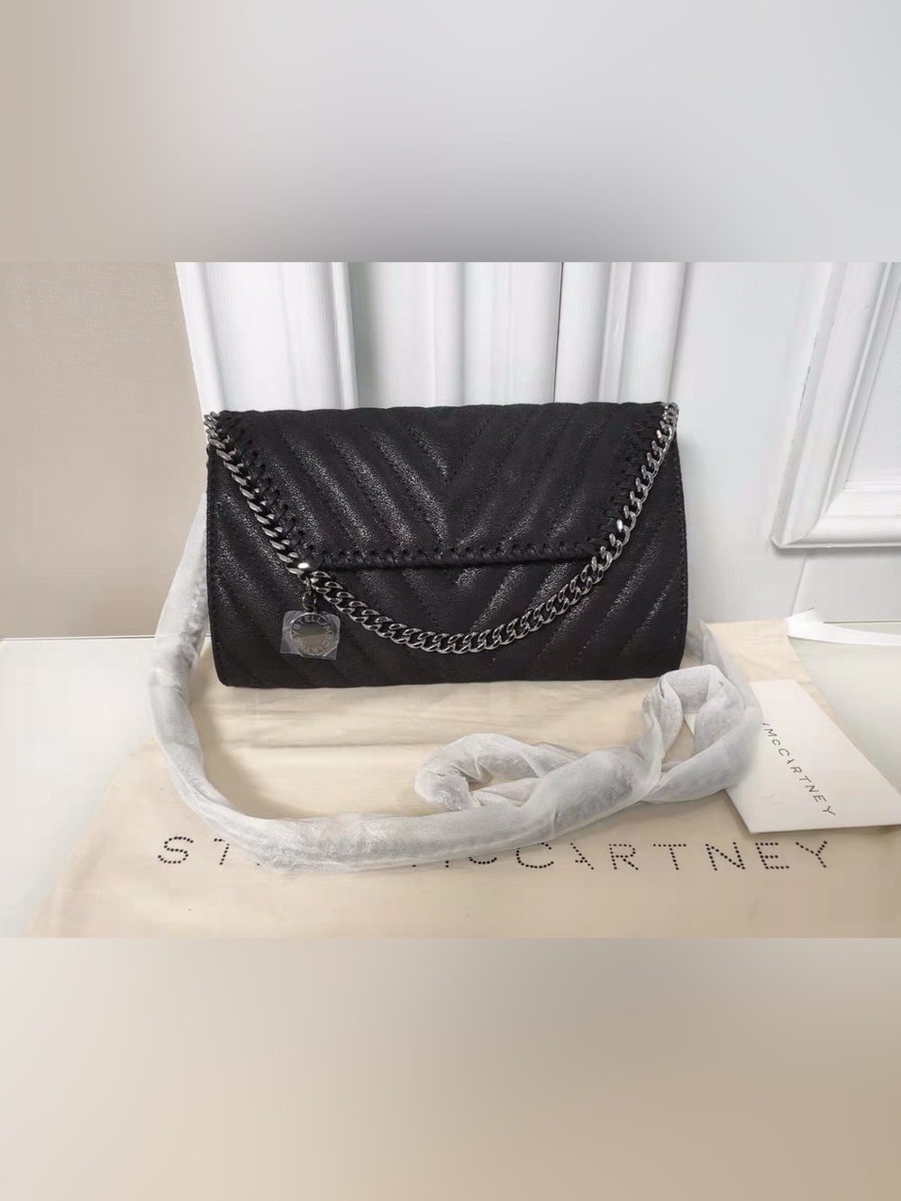 Stella McCartney Black Quilted Crossbody with Silver Chain